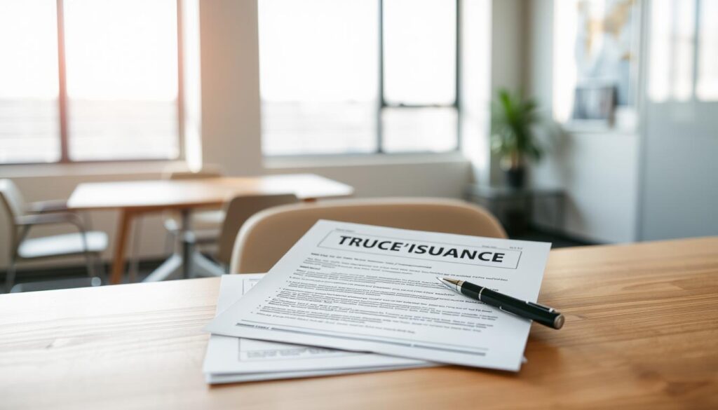 A 30-day short-term truck insurance policy sits prominently on a wooden desk, illuminated by soft, diffused lighting from a large window. The policy documents are arranged neatly, accompanied by a pen and a thoughtful expression. In the background, a modern office space with clean lines and muted colors creates a professional, trustworthy atmosphere, conveying the benefits of temporary coverage to protect the truck during a specific period. The scene invites the viewer to consider the convenience and peace of mind offered by this tailored insurance solution.