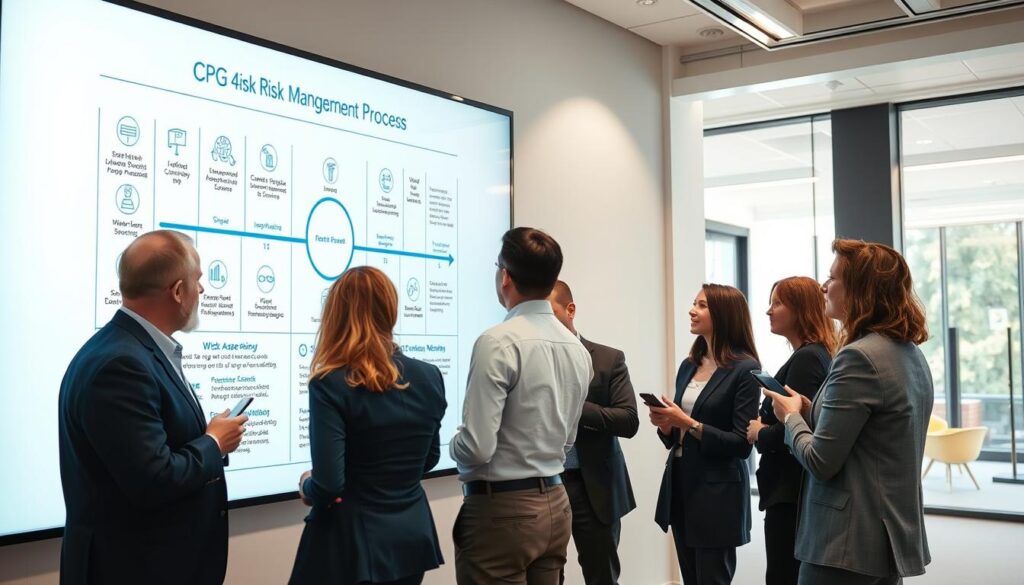 A bright, well-lit office interior with a large wall-mounted display showcasing a detailed CPG risk management process diagram. The diagram features clear, intuitive icons and visualizations explaining the various stages of the process, from risk identification and assessment to mitigation strategies and continuous monitoring. In the foreground, a group of professionals in business attire are discussing the diagram, using handheld devices and pointing gestures to highlight key elements. The scene conveys a sense of collaboration, expertise, and a methodical approach to managing risks in the consumer packaged goods industry.