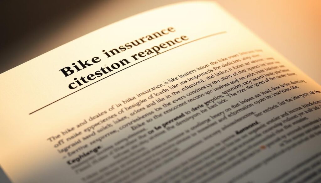 A close-up of a bike insurance policy document, the pages illuminated by soft, warm lighting from the side. The policy is open, revealing crisp, legible text outlining the coverage details. The background is a blurred, neutral tone, allowing the policy to be the focal point. The depth of field is shallow, drawing the viewer's attention to the intricate fine print. The overall mood is one of clarity, security, and attention to detail, reflecting the importance of understanding the specifics of a bike insurance policy.