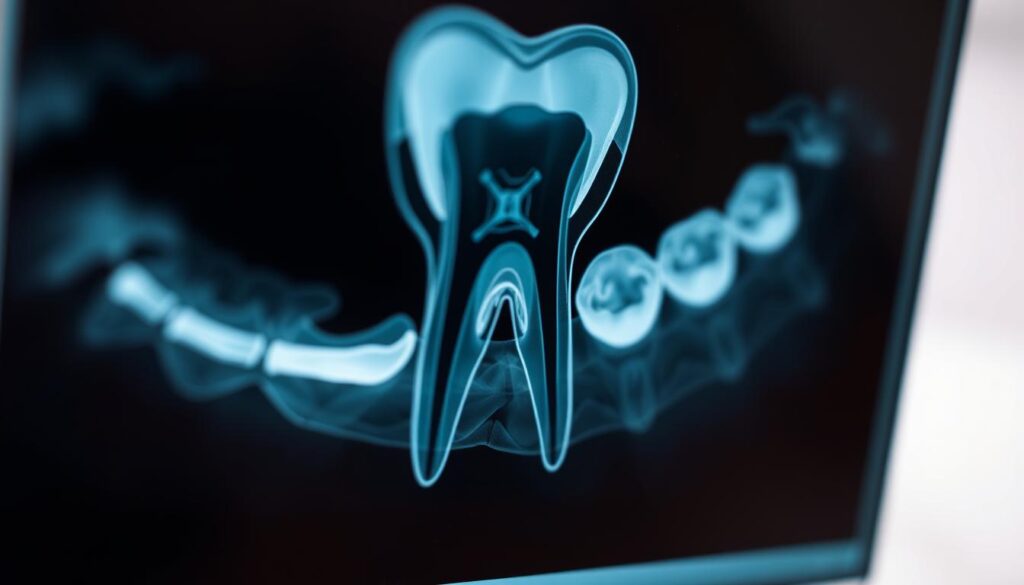 A close-up view of a dental x-ray film showing the intricate structure of a tooth undergoing root canal treatment. The image is crisp and detailed, with a warm, neutral lighting that illuminates the inner workings of the tooth. The background is blurred, creating a focus on the dental procedure, conveying a sense of professionalism and expertise. The composition is centered, with the tooth filling the frame, emphasizing the importance of this crucial dental treatment. The overall mood is one of precision, care, and the importance of maximizing insurance benefits to ensure optimal dental health.