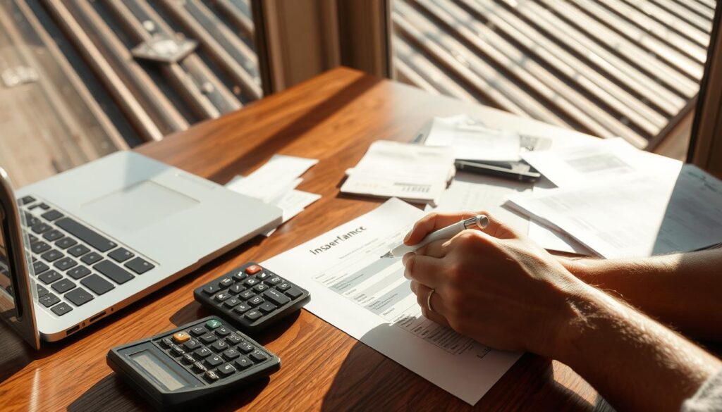 A close-up view of a hands filling out paperwork on a wooden desk, with a laptop, calculator, and scattered receipts and documents. The lighting is warm and natural, casting soft shadows across the scene. In the background, a metal roof with visible dents and pockmarks can be seen through a window, indicating the hail damage that prompted the insurance claim process. The overall atmosphere conveys a sense of diligence and attention to detail as the claimant navigates the bureaucratic steps to resolve the issue.