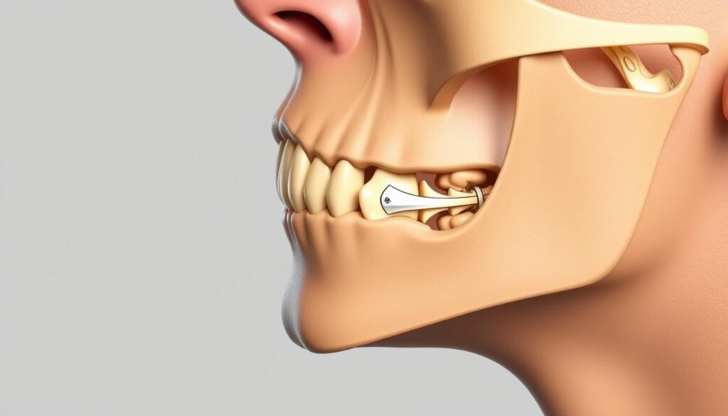 A close-up view of a person's jaw, featuring a detailed illustration of the temporomandibular joint (TMJ) and surrounding anatomy. The image is rendered in a realistic, medical-illustration style, with a neutral color palette and subtle lighting that accentuates the intricate structures. The focus is on the TMJ region, with a clear view of the joint, muscles, and bones, conveying the complexity of this area and the potential issues that can arise, such as TMJ disorders. The background is a clean, minimalist space, allowing the anatomical details to take center stage and effectively communicate the technical aspects of TMJ treatment costs.