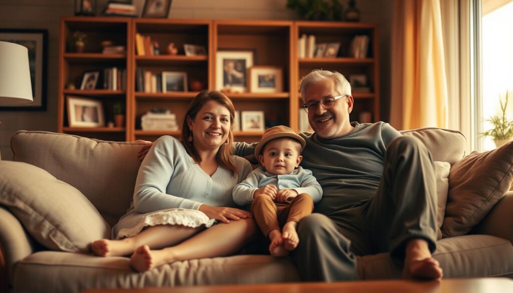 A cozy living room scene depicting a family of three - a mother, father, and young child - seated on a plush sofa. The room is filled with warm, golden lighting, creating a sense of comfort and security. In the background, a bookshelf and framed family photos suggest a lived-in, personal space. The family members are dressed casually, conveying a sense of relaxation and togetherness. The overall atmosphere suggests a secure, nurturing environment that a "resident relative" would feel at home in.