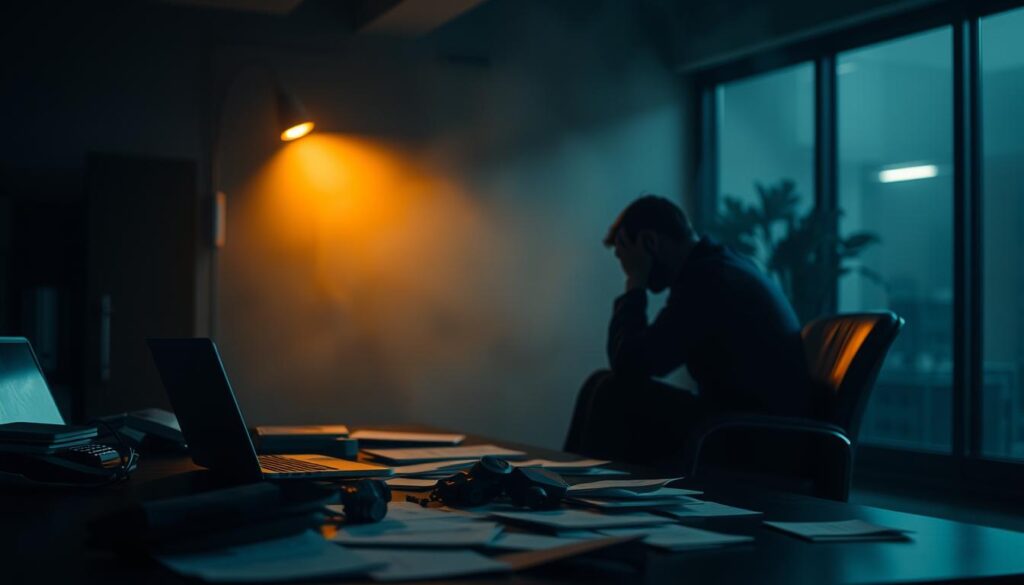 A darkened business office, the air thick with a sense of unease. In the foreground, a disheveled desk, papers scattered haphazardly, a laptop teetering precariously. A lone figure, shrouded in shadows, sits hunched, grappling with the consequences of an insurance claim gone awry. Dim, dramatic lighting casts long shadows, heightening the tension. The background is blurred, hinting at the larger corporate landscape, a testament to the far-reaching implications of this insurance issue. The overall tone is one of distress, uncertainty, and the weight of a calamitous situation unfolding.