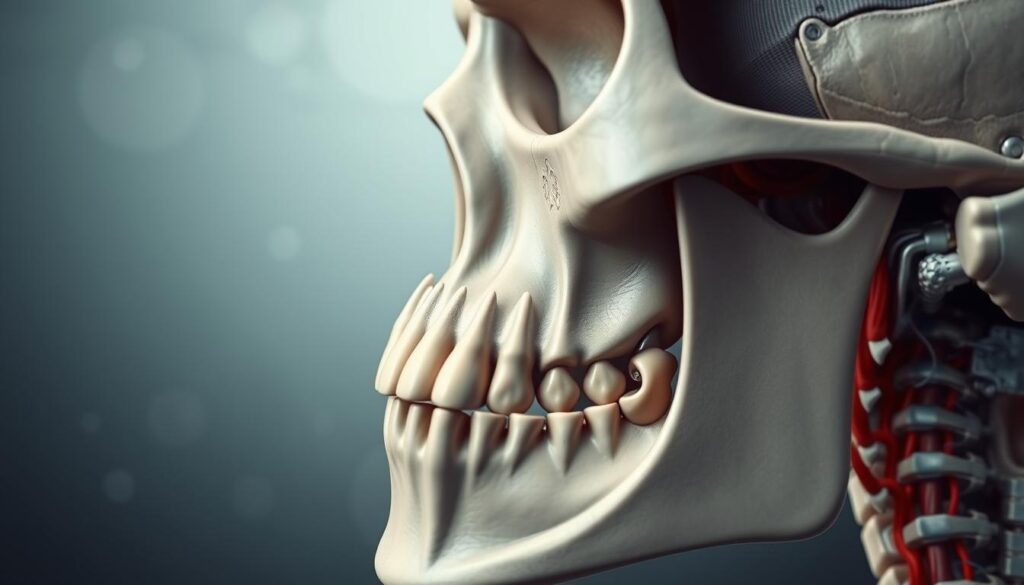 A detailed close-up view of the temporomandibular joint, showcasing the complex anatomy and potential areas of dysfunction. The foreground depicts the jaw joint and surrounding muscles with intricate anatomical precision, rendered in a realistic medical illustration style with muted gray tones. The middle ground highlights the key bony structures, ligaments, and nerve pathways involved in TMJ disorders. The background fades into a subtly textured clinical setting, conveying a sense of medical examination and diagnosis. Soft, directional lighting emphasizes the three-dimensional form, while a shallow depth of field focuses the viewer's attention on the critical areas of the TMJ system.