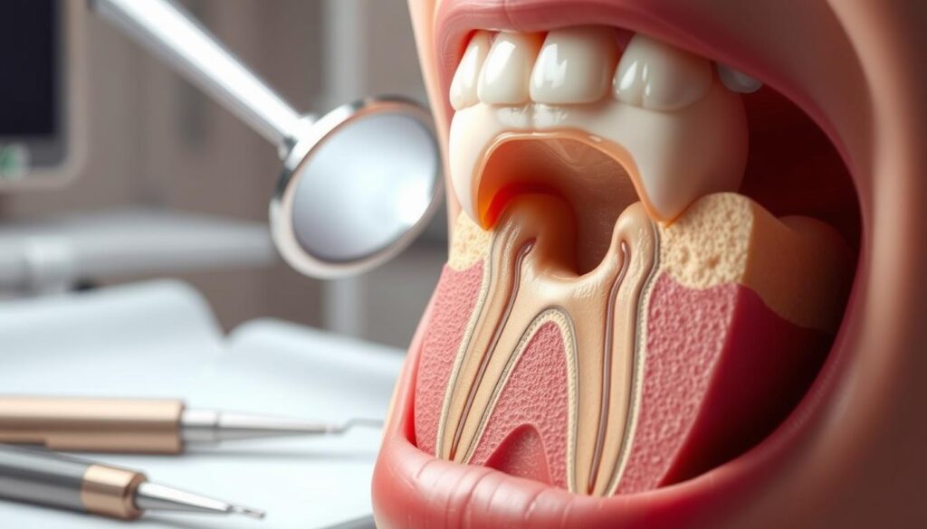 A detailed cross-section of a tooth undergoing root canal retreatment. In the foreground, a patient's open mouth reveals the intricate anatomy of the tooth, with the crown, pulp chamber, and root canals clearly visible. The middle ground depicts the dentist's tools, including a dental mirror, endodontic files, and a dental handpiece, all meticulously rendered. The background features a softly blurred, clinical dental office setting, conveying a sense of professionalism and medical expertise. The lighting is soft and directional, highlighting the textures and details of the tooth and dental instruments. The overall mood is one of precision, focus, and medical care, reflecting the technical nature of root canal retreatment.