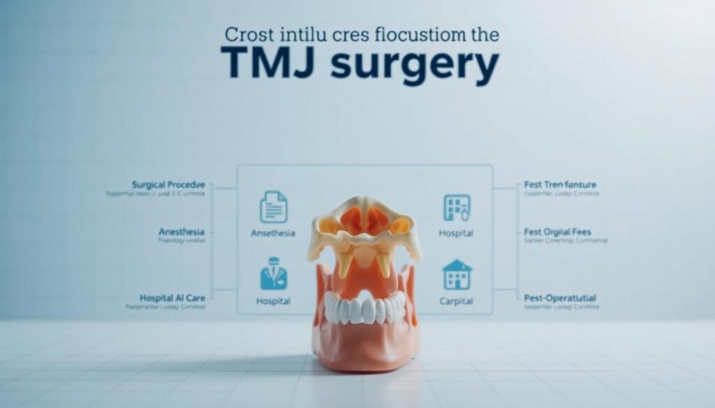 A detailed diagram showcasing the various factors that influence the cost of TMJ surgery, captured in a technical, clinical style. In the foreground, a centered close-up view of a human jaw anatomy model, highlighting the temporomandibular joint. In the middle ground, a grid of icons and infographic elements representing key cost factors such as surgical procedure, anesthesia, hospital fees, and post-operative care. The background features a soft, muted color palette with subtle grid lines, conveying a sense of precision and medical expertise. The lighting is cool-toned and evenly distributed, creating a professional and informative atmosphere.