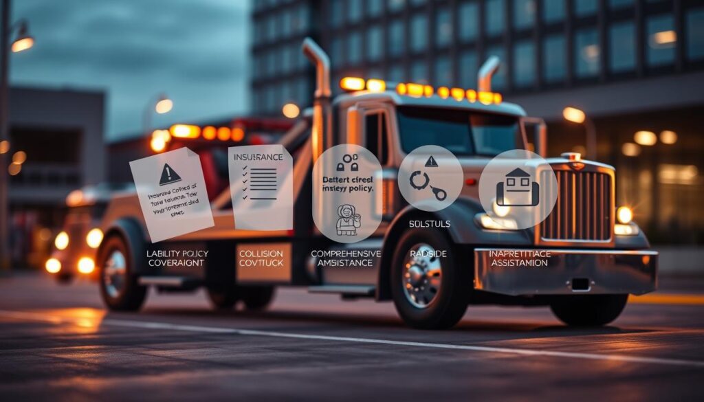 A detailed illustration of essential coverage types for a professional tow truck business. In the foreground, a tow truck is prominently displayed, its sleek and powerful frame illuminated by warm, directional lighting that casts dramatic shadows. The middle ground features various insurance policy documents, with clear icons and infographics highlighting key coverage areas such as liability, collision, comprehensive, and roadside assistance. The background is blurred, hinting at a modern urban setting, emphasizing the importance of proper insurance protection for this specialized industry. The overall mood is one of professionalism, reliability, and attention to detail, conveying the critical nature of comprehensive tow truck insurance coverage.