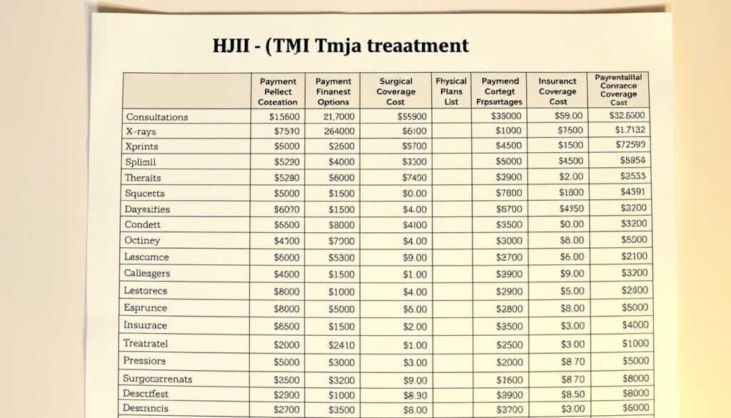 A detailed overhead view of a financial planning spreadsheet, showcasing various categories of TMJ treatment expenses. The table features rows for different procedures like consultations, x-rays, splints, physical therapy, and surgical options. Columns display cost estimates, payment plans, and insurance coverage details. A warm, professional lighting illuminates the scene, creating a sense of organization and careful consideration of financial implications. The background is a soft, muted gradient that draws the eye to the central spreadsheet, emphasizing the importance of budgeting and planning for comprehensive TMJ treatment.