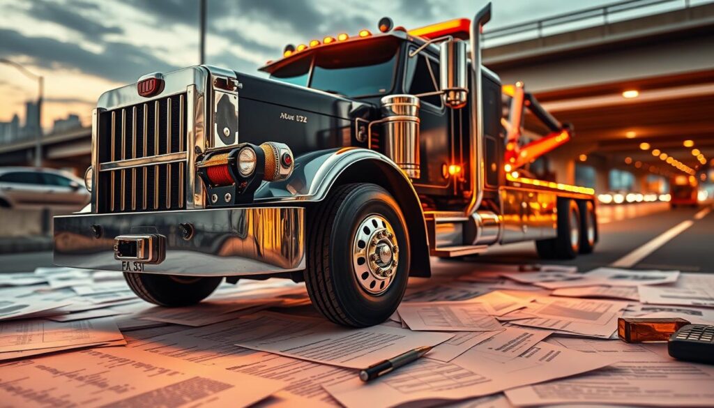 A detailed tow truck against a backdrop of money symbols, insurance documents, and road infrastructure. Prominent in the foreground, the tow truck is captured in a dramatic, high-angle view, its powerful winch and chassis illuminated by warm, directional lighting. In the middle ground, scattered papers, graphs, and calculators represent the administrative and financial factors that influence tow truck insurance costs. The background depicts a city skyline or highway overpass, hinting at the operational environment and risks faced by tow truck operators. The overall scene conveys the complex interplay of vehicle, regulations, and economics that determine tow truck insurance premiums.