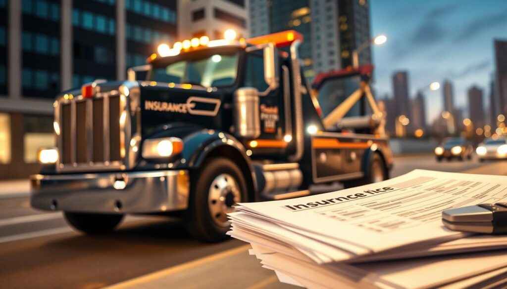 A detailed tow truck parked on a city street, its bright lights illuminating the scene. In the foreground, a stack of insurance documents and a calculator, representing the financial aspect of tow truck operations. The background features a city skyline, emphasizing the commercial setting. The lighting is warm and inviting, creating a sense of professionalism and attention to detail. The composition is balanced, with the tow truck and financial elements taking center stage. The overall mood is one of careful planning and responsible business practices.