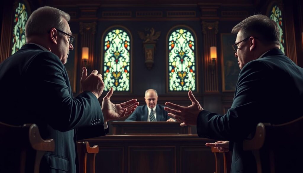 A dimly lit courtroom, shadows cast across the ornate mahogany furniture. In the foreground, two lawyers engaged in heated debate, hands gesturing emphatically as they argue over the intricacies of a spendthrift clause in a life insurance policy. The middle ground features a stern-faced judge, brow furrowed in concentration, carefully considering the conflicting legal arguments. In the background, a sense of unease permeates the scene, with the high ceilings and stained-glass windows creating an atmosphere of tension and high-stakes decision-making. Dramatic backlighting illuminates the scene, adding depth and drama to the composition.
