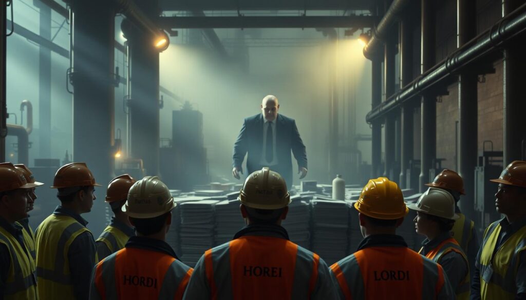 A dimly lit industrial setting, with towering machinery and pipes casting long shadows. In the foreground, a group of workers in hardhats and reflective vests, their expressions tense as they confront a formidable-looking figure representing the "action over claims" concept. The middle ground features a maze of legal documents and files, symbolizing the complexities of insurance claims. The background is a hazy, ominous atmosphere, emphasizing the high-stakes nature of the situation. Dramatic lighting, capturing the intensity of the moment, with a cinematic, documentary-style aesthetic.
