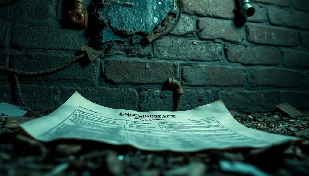 A dimly lit, low-angle shot of a cracked, dilapidated brick wall, with shards of broken glass and rusted metal pipes protruding from the surface. In the foreground, a tattered, faded insurance policy document lies on the ground, partially obscured by debris. The scene conveys a sense of neglect, vulnerability, and the potential for harm, reflecting the "liability" and "coverage gaps" described in the article's section title.
