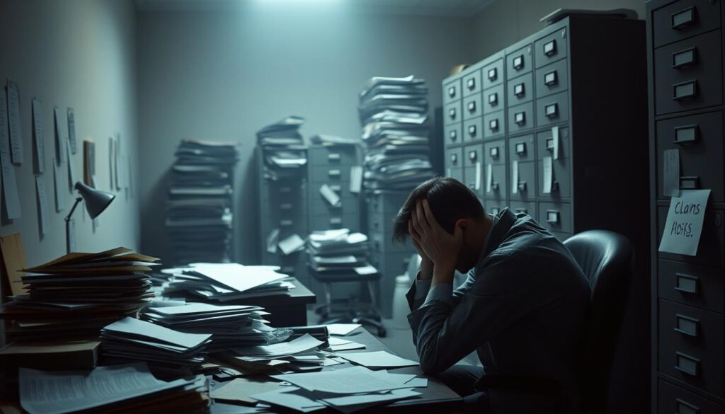 A dimly lit office, papers and documents scattered haphazardly across a cluttered desk. In the foreground, a frustrated individual sits slumped, hands gripping their head in exasperation. The air is heavy with a sense of bureaucratic inertia, as if the very walls are closing in. In the background, towering file cabinets loom, their drawers jammed with unresolved claims, a visual metaphor for the stalling tactics of the insurance industry. Soft, diffused lighting casts ominous shadows, conveying the feeling of an uphill battle against a powerful, impersonal system. The overall mood is one of despair and exhaustion, capturing the essence of the "insurance stalling tactics" that plague Texas policyholders.