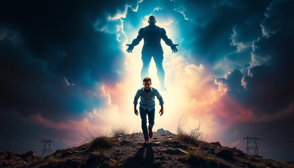 A dynamic scene depicting the concept of "action over insurance importance." In the foreground, a determined individual strides forward, their expression resolute as they navigate a challenging landscape. In the middle ground, a looming figure representing the importance of insurance hovers, its presence commanding yet secondary to the protagonist's decisive action. The background is a vivid, dreamlike expanse, infused with a sense of urgency and the promise of both risk and reward. Dramatic lighting casts bold shadows, heightening the sense of drama and the need for proactive decision-making. The overall atmosphere conveys a sense of empowerment, highlighting the value of prioritizing decisive action over relying solely on insurance protection.