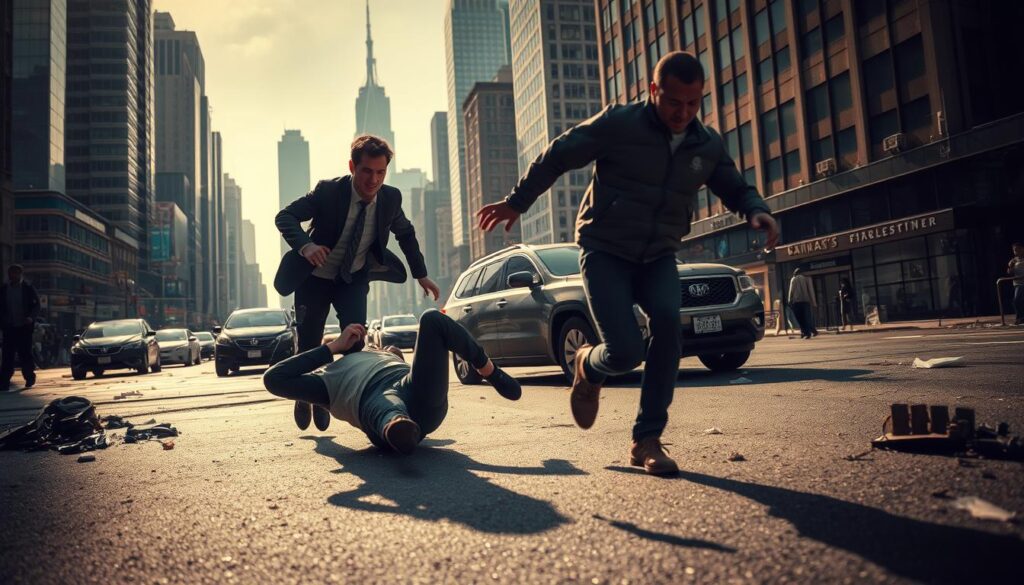 A dynamic scene set in an urban environment, showcasing the importance of action over insurance. In the foreground, a person rushes to assist a fallen individual, their expression conveying urgency and concern. In the middle ground, a damaged vehicle and debris suggest a recent accident. The background depicts a bustling city skyline, its towering buildings and busy streets creating a sense of immediacy. Dramatic lighting casts long shadows, heightening the intensity of the moment. A wide-angle lens captures the full scope of the scenario, emphasizing the need for swift, decisive action rather than relying solely on insurance coverage. The overall atmosphere conveys the importance of prioritizing protection and safety over bureaucratic processes.