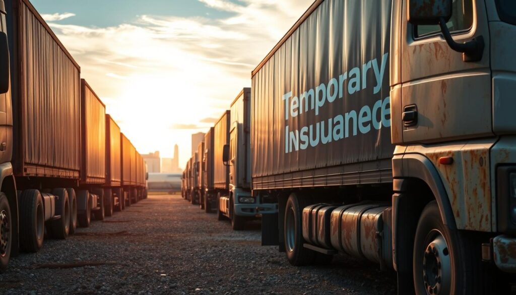 A fleet of rugged, weathered delivery trucks parked on a gravel lot, their tires and mudguards splattered with the remnants of recent journeys. Warm, golden sunlight filters through wispy clouds, casting a soft glow over the scene. In the foreground, a single truck stands out, its side panel displaying a prominent "Temporary Truck Insurance" graphic, the typography bold and modern, hinting at the flexibility and protection offered by this specialized coverage. The background features a blurred cityscape, suggesting the urban environments these trucks navigate on a daily basis. The overall composition conveys a sense of reliability, resilience, and the practical necessity of temporary insurance solutions for the transportation industry.