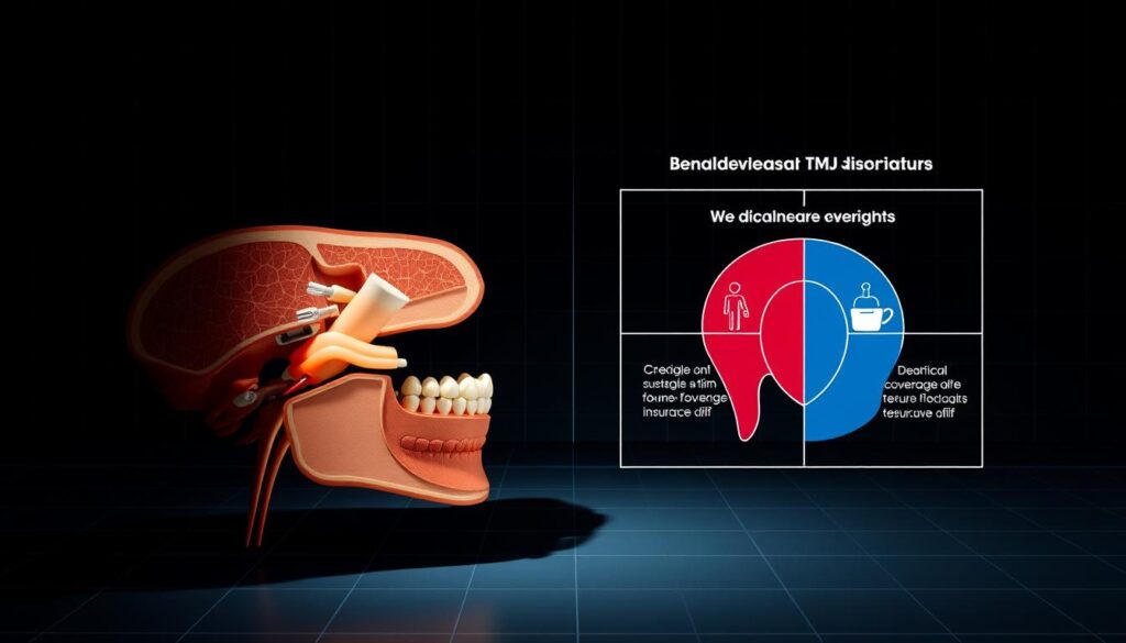 A high-contrast medical diagram displaying the complex relationship between medical and dental insurance coverage for TMJ disorders. In the foreground, a detailed anatomical cross-section of the temporomandibular joint, highlighting the intricate structures involved. In the middle ground, a visual representation of the divide between medical and dental insurance policies, with distinct color coding and iconography to illustrate the coverage gaps. The background features a stark, clinical setting with subtle grid lines, conveying a sense of the bureaucratic obstacles patients face. Dramatic lighting casts dramatic shadows, emphasizing the gravity of the subject matter. Rendered in a precise, technical style to underscore the seriousness of the topic.