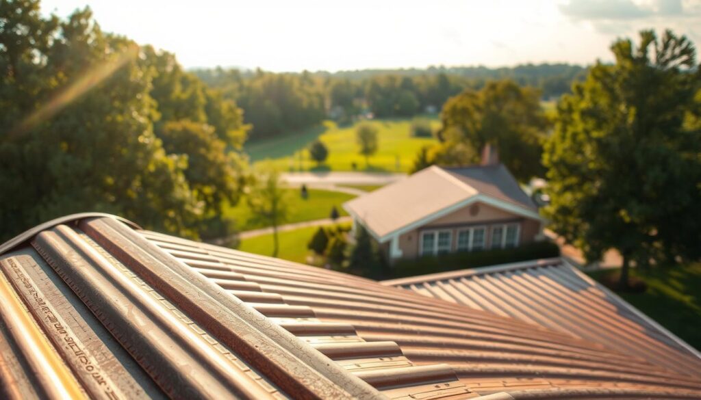 A high-quality metal roof installation amidst a peaceful suburban setting, illuminated by warm, diffused natural light filtering through wispy clouds. In the foreground, a close-up view of metal shingles in various hues, textured to mimic the organic patterns of aged tin. The middle ground showcases a well-maintained, gently sloping metal roof, its edges seamlessly integrated with the home's architectural features. In the background, a verdant landscape of lush trees and manicured lawns, creating a serene and inviting atmosphere. The overall composition should convey the durability, aesthetic appeal, and cost considerations associated with a metal roof replacement project.