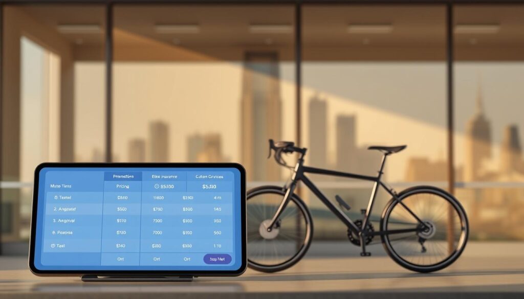 A high-resolution, photorealistic image of a modern bike insurance pricing display, featuring a sleek, minimalist design. The foreground showcases a large digital display with clearly presented pricing tiers, plan details, and customization options. The middle ground highlights a sleek, stylized bicycle model against a subtly blurred background. The background features a soft, out-of-focus cityscape, conveying a sense of urban sophistication. The lighting is natural and warm, creating a polished, professional atmosphere. The overall composition emphasizes the clean, modern aesthetic of the bike insurance pricing information.