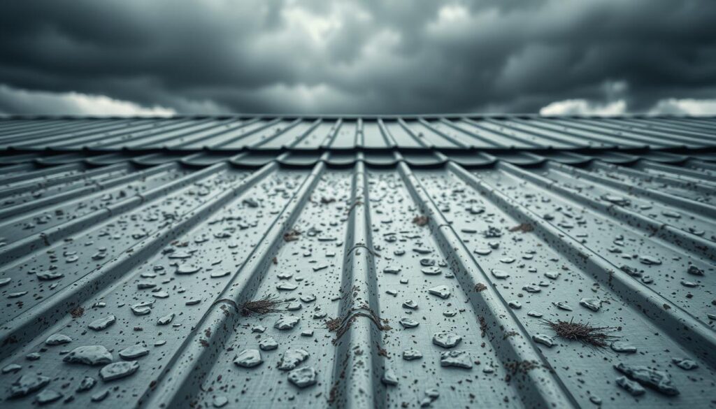 A metal roof peppered with distinct indentations and dents, each one a testament to the relentless onslaught of hailstones. The foreground showcases the surface in crisp detail, revealing the intricate patterns and varying depths of the damage. In the middle ground, the roof's profile stands out against a moody, overcast sky, hinting at the powerful storm that left its mark. The lighting is soft and diffused, casting subtle shadows that accentuate the texture and depth of the hail-battered surface. The overall composition conveys a sense of weathered resilience, as the metal roof endures the elements with steadfast determination.