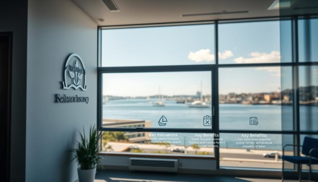 A modern and professional-looking office interior with a large window overlooking a coastal harbor. In the foreground, a tasteful logo for "Seaharbor Insurance Agency" is prominently displayed on the wall. The middle ground features insurance-related iconography and information about the agency's key benefits, presented in a sleek and visually appealing manner. The background showcases the picturesque harbor view, with sailboats and a distant skyline. The lighting is bright and natural, creating a warm and inviting atmosphere. The overall composition conveys a sense of trust, reliability, and the agency's dedication to providing comprehensive insurance solutions.