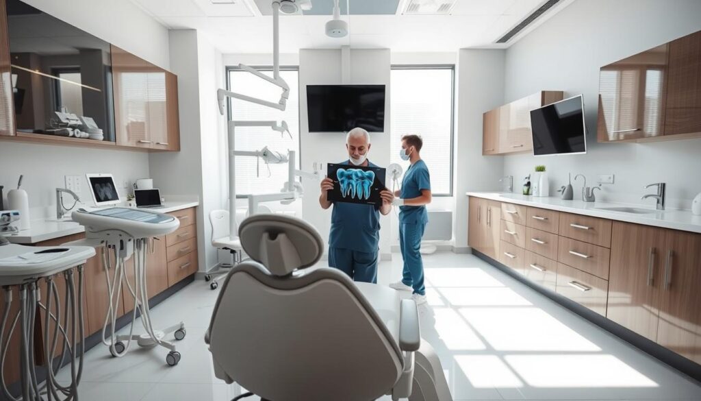 A modern dental clinic interior with clean, minimalist design. A patient's chair in the foreground, surrounded by state-of-the-art dental equipment and tools. Bright, natural lighting fills the room, creating a calming atmosphere. In the middle ground, a dental professional in scrubs examines a patient's X-ray, highlighting the complexities of a root canal retreatment procedure. The background features sleek cabinetry, sinks, and other medical accoutrements, conveying a sense of professional expertise and advanced dental care. The scene evokes a sense of trust, comfort, and the high-quality service associated with root canal retreatment.