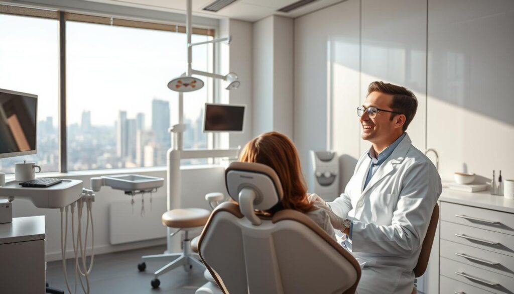 A modern dental office with sleek, minimalist design. In the foreground, a smiling patient in a dental chair, receiving a checkup from a dentist wearing a crisp white coat. The middle ground features state-of-the-art dental equipment and tools, conveying advanced technology. In the background, a large window overlooking a city skyline, bathed in warm, natural light. The overall atmosphere is one of professionalism, comfort, and comprehensive dental care.
