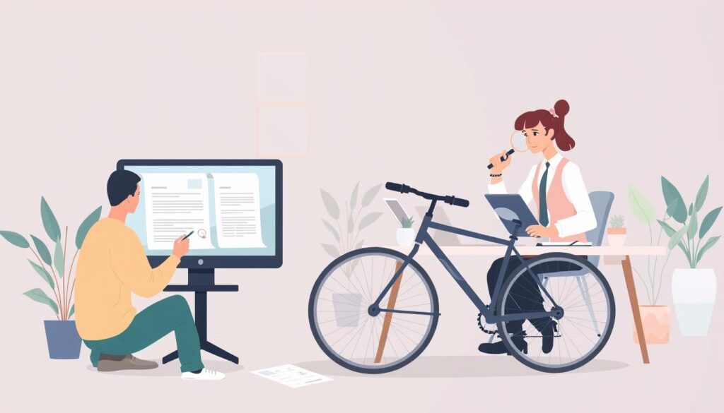 A modern, detailed illustration of a bike insurance claims process. In the foreground, a person submitting a claim on a computer, surrounded by insurance documents and a damaged bicycle. The middle ground depicts an insurance agent reviewing the claim, with a magnifying glass and a tidy desk. In the background, a clean, well-lit office environment with potted plants and minimalist decor, conveying a sense of professionalism and efficiency. The overall mood is informative and reassuring, with soft lighting and a calm, neutral color palette.