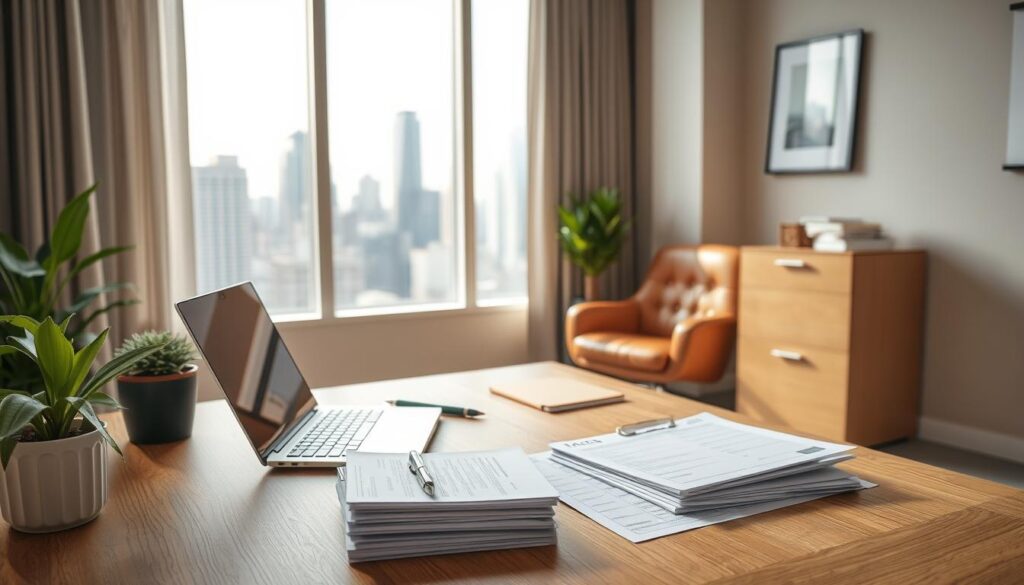 A modern office interior with a large window overlooking a bustling city skyline. In the foreground, a wooden desk with a laptop, stationery, and a potted plant. On the desk, a stack of medical documents and a health insurance card. In the middle ground, a leather armchair and a filing cabinet. The lighting is soft and natural, filtering in through the window. The walls are a soothing neutral tone, complemented by sleek, minimalist decor. The overall atmosphere conveys a sense of professionalism, organization, and attention to detail, reflecting the importance of managing health insurance coverage.