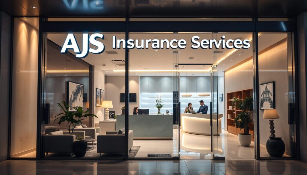 A modern, professional insurance office with sleek glass and metal facade. The AJS Insurance Services logo prominently displayed above the entrance, illuminated by warm, subtle lighting. The interior features a spacious, minimalist lobby with plush seating and a welcoming reception desk. Corporate artwork and plants accent the space, conveying a sense of reliability and attention to detail. Through the glass, a team of knowledgeable agents can be seen assisting clients. Soft shadows and reflections add depth and dimension, while the overall composition evokes a feeling of trust, security, and expertise.