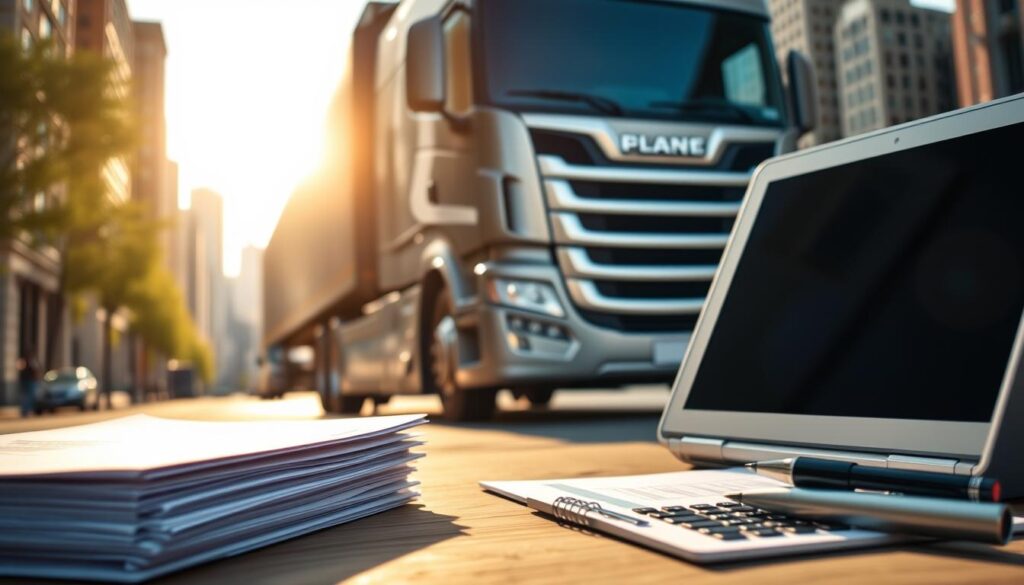 A modern, sleek truck is parked on a sun-dappled city street, its chrome trim gleaming. In the foreground, a stack of documents and an open laptop convey the administrative side of temporary truck insurance. The middle ground features a calculator and a pen, hinting at the cost considerations. In the background, a city skyline creates an urban backdrop, suggesting the practical necessity of short-term coverage for commercial vehicles. Warm, directional lighting illuminates the scene, casting subtle shadows and creating a sense of professionalism and attention to detail. The overall composition evokes the careful planning and financial responsibility required for temporary truck insurance.