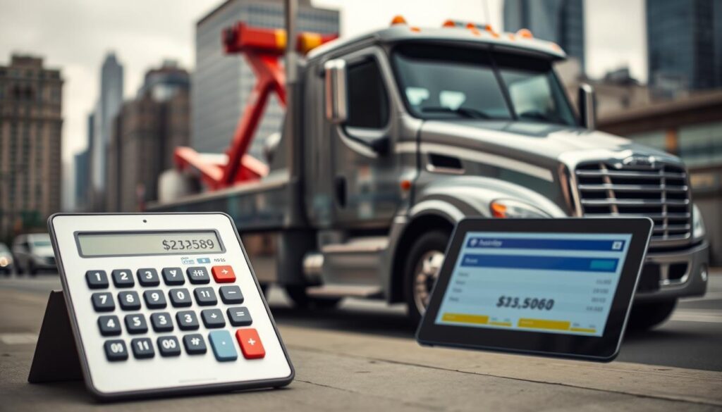 A modern tow truck parked on a city street, its chrome body gleaming under the soft, diffused light of an overcast day. In the foreground, a calculator and a tablet display financial data, illustrating the average monthly cost of comprehensive tow truck insurance. The background features a blurred urban landscape, with skyscrapers and other commercial buildings suggesting a bustling business district. The overall scene conveys a sense of professionalism and attention to detail in the tow truck industry, reflecting the informative nature of the article's "Average Tow Truck Insurance Cost Per Month" section.
