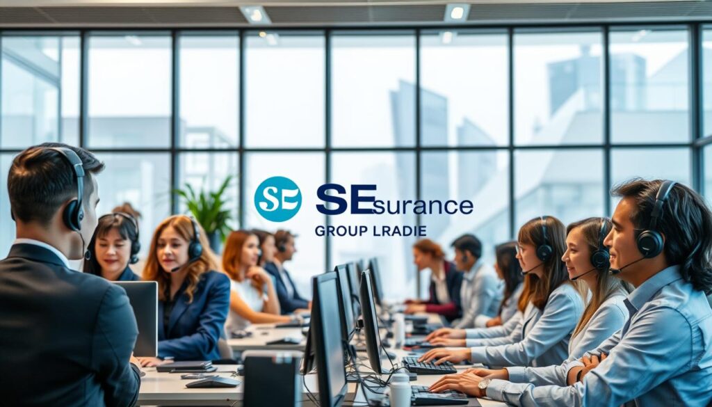 A modern, well-appointed office interior with large windows and natural lighting. In the foreground, a diverse group of customer service representatives wearing headsets and seated at desks, engaged in multilingual conversations. In the middle ground, a stylized company logo and signage for "SE Insurance Group" prominently displayed. The background features abstract architectural elements, conveying a sense of professionalism, global reach, and technological sophistication. The overall tone is one of efficiency, customer-centricity, and a commitment to inclusive, high-quality service.