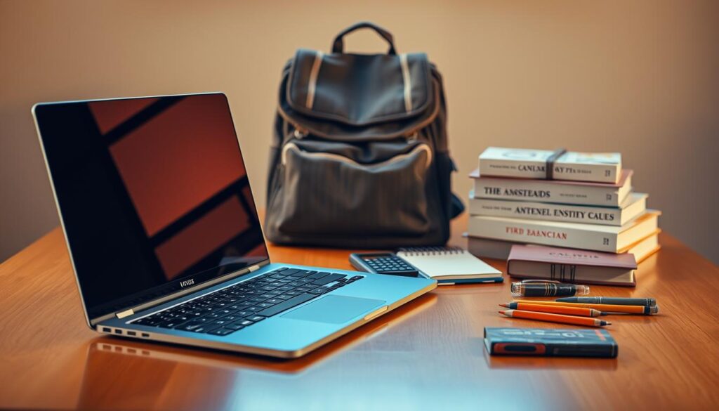 A neatly arranged display of college essentials - a laptop, textbooks, stationery, and a backpack resting on a polished wooden table. The scene is bathed in warm, diffused lighting, creating a cozy, studious atmosphere. In the foreground, a sleek, modern laptop stands open, its screen reflecting the scene. Surrounding it, an array of carefully selected items - pens, pencils, a calculator, and a planner - are meticulously organized, conveying a sense of preparedness and attention to detail. In the middle ground, a sturdy, well-made backpack sits, symbolizing the protection and safekeeping of these personal belongings. The background features a neutral, slightly blurred backdrop, allowing the focus to remain on the carefully curated collection of items, communicating the importance of securing one's most valuable possessions during the college experience.