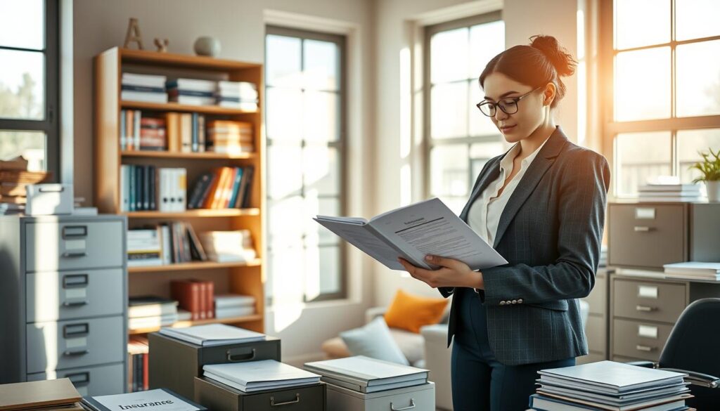 A neatly organized office space with a professional organizer standing amidst various organizational tools and insurance-related documents. The scene is bathed in warm, natural lighting streaming through large windows, creating a calming, productive atmosphere. The organizer, dressed in a smart, business-attire, is carefully reviewing insurance coverage details on a tablet, conveying a sense of expertise and diligence. In the background, bookshelves filled with organizational guides and a filing cabinet suggest a well-equipped professional workspace. The overall composition emphasizes the importance of comprehensive insurance coverage for a thriving professional organizing business.