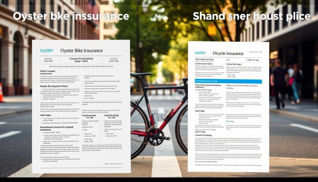 A photorealistic side-by-side comparison of two bicycle insurance policies, one from Oyster Bike Insurance and the other from a standard homeowner's insurance policy. The foreground features the two policies' documents side by side, with detailed coverage information and pricing clearly displayed. The middle ground shows a well-maintained road bike in the center, with a sense of depth and perspective. The background depicts a city street scene with buildings, trees, and pedestrians, conveying a sense of urban environment. The lighting is natural and warm, with soft shadows and highlights that add depth and realism to the scene. The overall mood is informative and inviting, encouraging the viewer to carefully consider the insurance options for their bicycle.