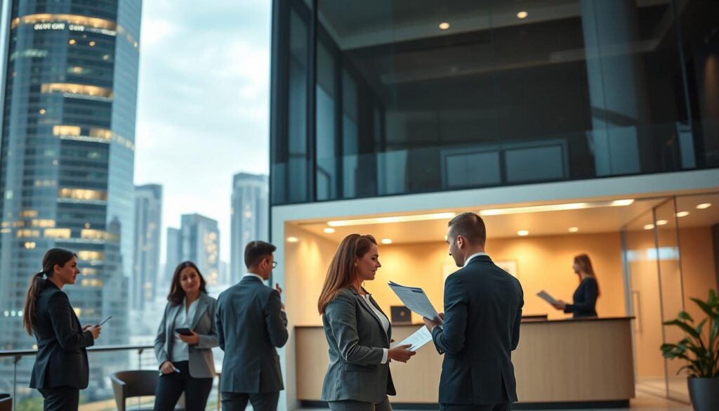 A professional and trustworthy insurance agency, set against a backdrop of a modern high-rise office building. In the foreground, a team of dedicated agents, dressed in smart business attire, consulting with clients and reviewing insurance policies. The middle ground features a sleek reception area with a warm, inviting atmosphere. The background showcases a cityscape of skyscrapers, reflecting the agency's strong presence in the community. Soft, directional lighting illuminates the scene, conveying a sense of professionalism and reliability. The overall composition emphasizes the agency's commitment to providing personalized, comprehensive insurance solutions to its clients.