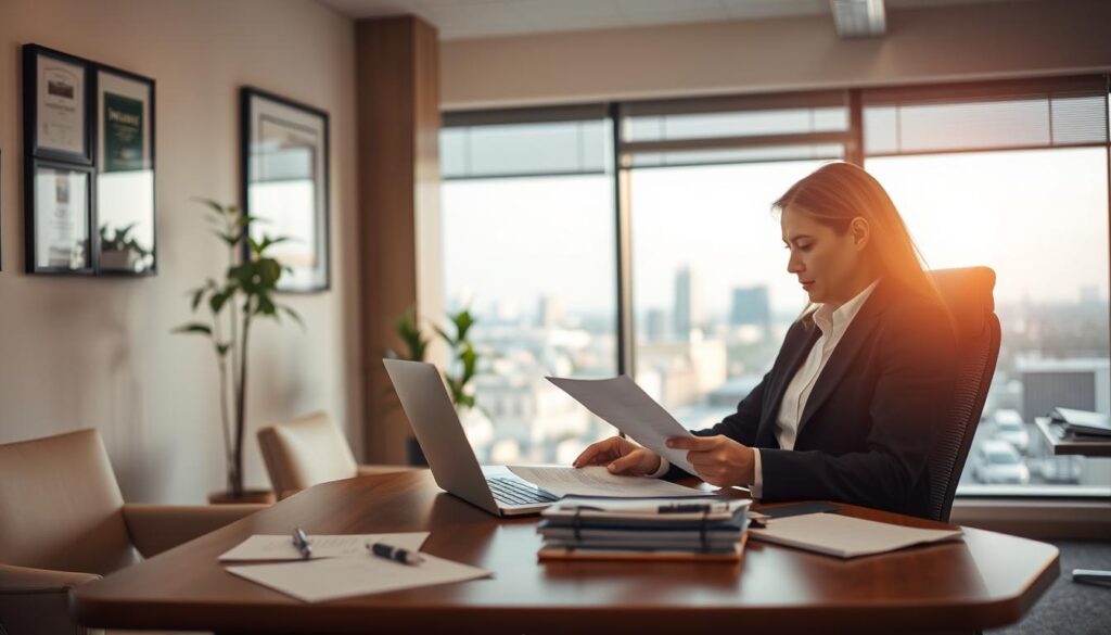 A professional office with modern furniture and warm lighting. In the foreground, a person sits at a desk, intently reviewing insurance documents. On the desk, a laptop, a pen, and a stack of paperwork. In the middle ground, a potted plant and framed certificates on the wall, conveying a sense of diligence and expertise. The background features a large window overlooking a cityscape, suggesting a serene and productive work environment. The overall atmosphere is one of thoughtful contemplation and effective communication strategies for navigating the complexities of insurance claims.