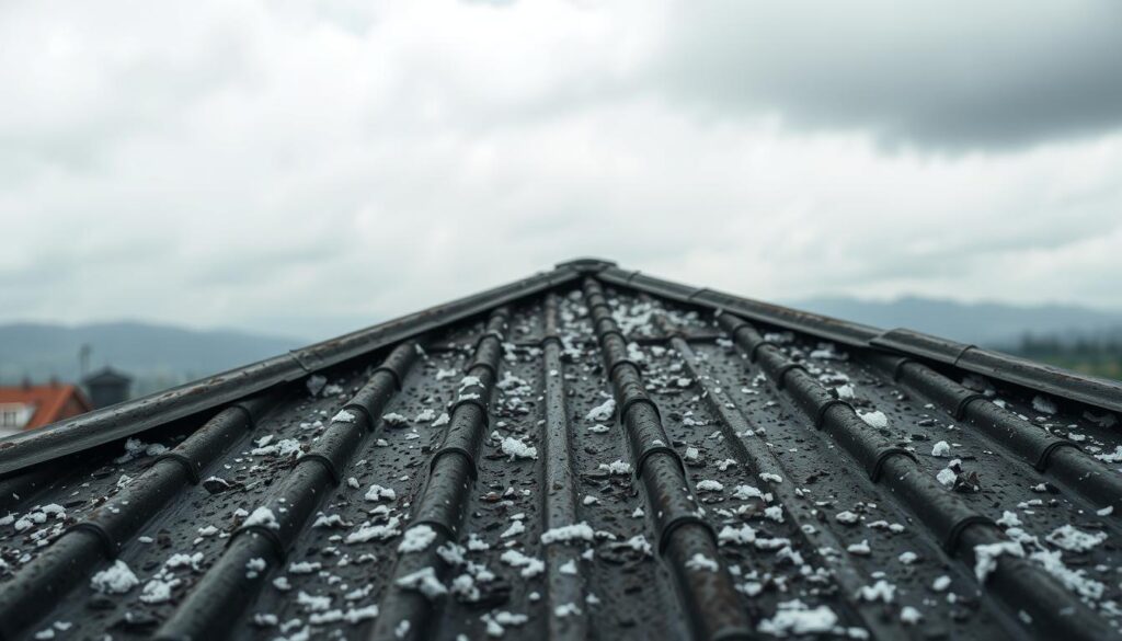 A rugged metal roof, its surface pockmarked by the relentless assault of hailstones. The foreground captures the intricate texture of the dented, discolored panels, each impact a testament to the ferocity of the storm. In the middle ground, the roof's slope casts dramatic shadows, creating a moody, cinematic atmosphere. The background fades into a hazy, overcast sky, the ominous clouds a silent witness to the damage below. The lighting is harsh, with stark contrasts emphasizing the battered, weathered appearance of the metal. The camera angle is slightly elevated, providing a sweeping, comprehensive view of the roof's vulnerability to the elements.