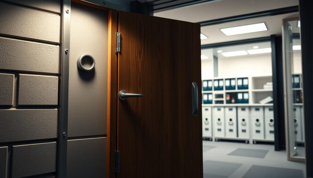 A secure business stronghold, with a sturdy facade and reinforced walls, standing tall against the challenges of the entrepreneurial landscape. In the foreground, a solid oak door with an intricate lock mechanism symbolizes the safeguarding of valuable assets. Midground features a well-lit interior, showcasing a meticulously organized office space, with filing cabinets and digital security measures. The background depicts a serene, professional atmosphere, illuminated by soft, warm lighting, conveying a sense of confidence and protection. The overall scene evokes a sense of safety, stability, and preparedness, reflecting the importance of comprehensive professional organizer insurance.