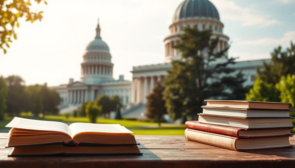 A serene and authoritative legal landscape, with a towering state capitol building in the background, surrounded by lush greenery and a clear sky. In the foreground, a collection of books and documents on a wooden table, representing the nuanced legal variations of spendthrift clauses across different state jurisdictions. Soft, directional lighting illuminates the scene, lending an air of scholarly gravitas. The composition emphasizes the importance of understanding the complex legal tapestry surrounding this financial instrument, inviting the viewer to delve into the intricate details of this specialized legal domain.