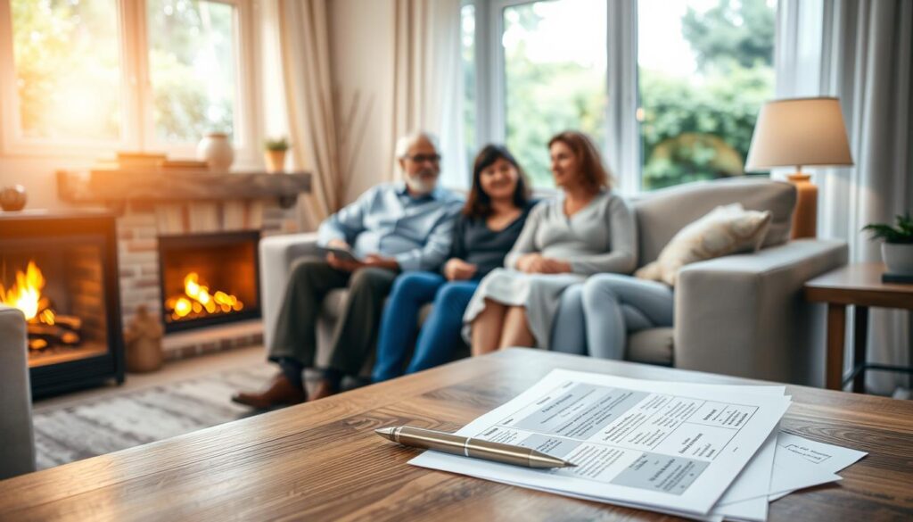 A serene living room scene, with a family gathered around a cozy fireplace. In the foreground, a stack of insurance documents and a pen resting on a wooden coffee table, symbolizing the process of understanding resident relative insurance coverage. The middle ground features a sofa where an elderly family member sits, flanked by attentive younger relatives, engaged in a discussion. Soft, warm lighting from the fireplace and a nearby lamp creates a comforting atmosphere, while large windows in the background offer a glimpse of a lush, verdant garden, conveying a sense of security and protection. The overall composition should evoke a sense of care, consideration, and the importance of providing for one's loved ones.