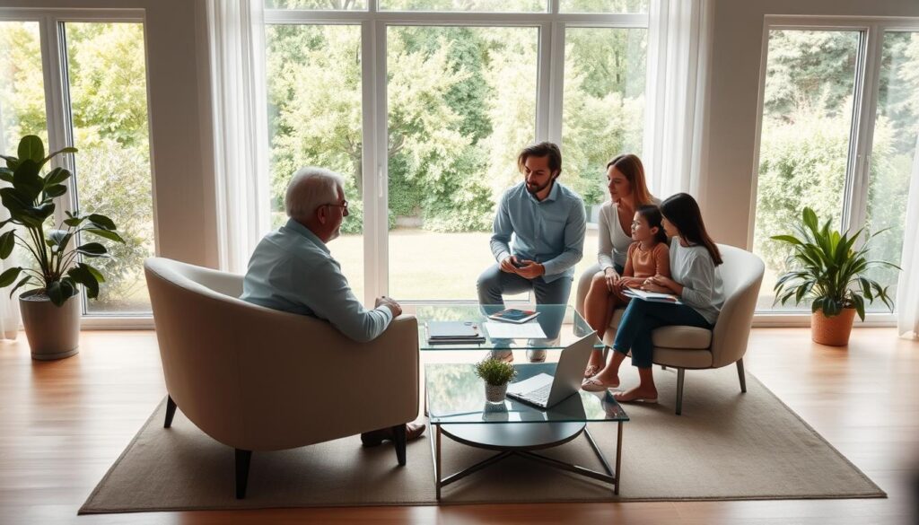 A serene, modern living room with a large window overlooking a lush, verdant garden. In the center, a family gathers around a glass coffee table, engaged in a serious discussion. An elder relative sits in a comfortable armchair, while a younger couple and their children listen intently. Soft, natural lighting filters through the windows, creating a warm, reassuring atmosphere. The room is tastefully decorated with minimal, elegant furnishings, conveying a sense of stability and security. Subtle visual cues, such as insurance documents and a laptop, suggest the topic of discussion is "Resident Relative Insurance Coverage" - a means of protecting the financial future of the family's loved ones.