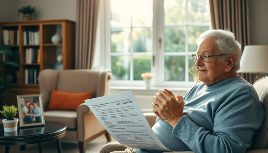 A serene, sun-dappled living room with a cozy armchair and a family photo on the side table. In the foreground, an elderly relative sits contentedly, their hands clasped as they contemplate a document outlining their insurance coverage. Behind them, a tasteful bookshelf and a large window offering a tranquil view of a lush garden. The lighting is soft and warm, creating a sense of comfort and security, reflecting the benefits and real-world applications of resident relative insurance.