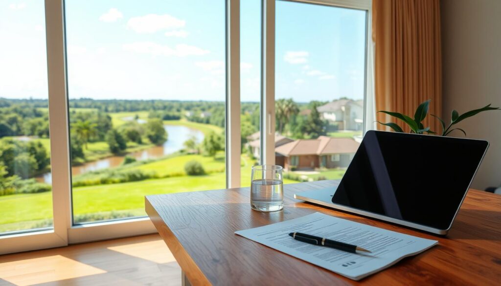 A serene, well-lit interior space featuring a wooden table or desk, with a laptop, a stack of documents, and a pen neatly arranged. On the table, a glass of water and a potted plant add a touch of nature. The background showcases a large window, letting in natural light and offering a view of a tranquil suburban landscape - lush greenery, a winding river, and a clear, blue sky. The overall atmosphere conveys a sense of focus, security, and thoughtful contemplation, reflecting the importance of understanding and securing flood insurance coverage.