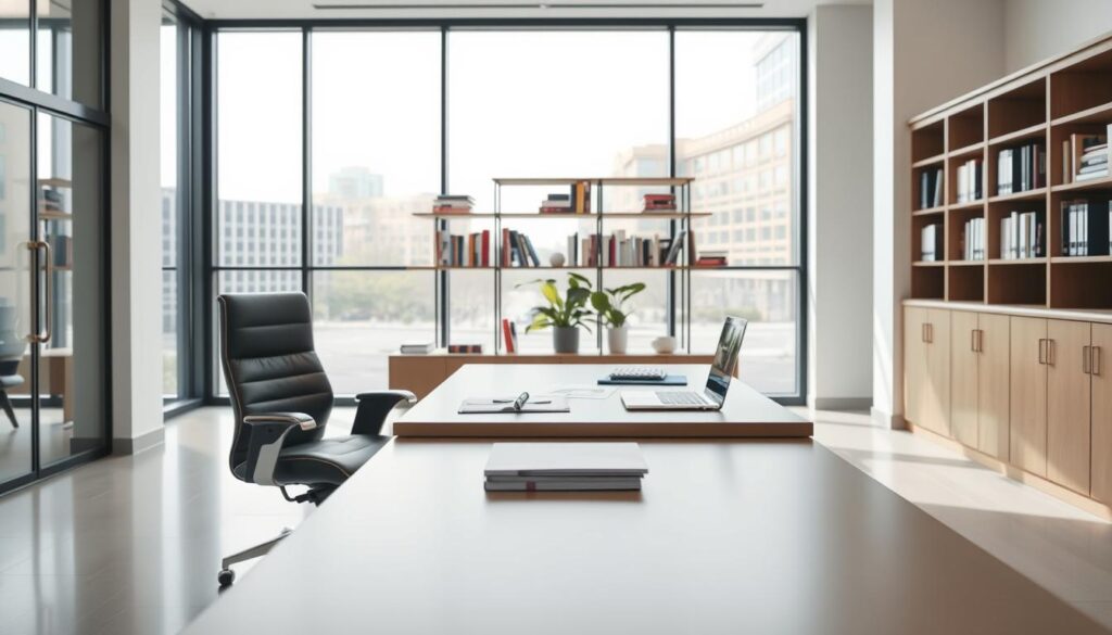 A sleek, modern office interior with a large desk and chair in the foreground. On the desk, various business documents and a laptop symbolize the importance of insurance coverage. The middle ground features a bookshelf filled with industry-relevant books and a potted plant, adding a touch of professionalism. The background showcases floor-to-ceiling windows, allowing natural light to illuminate the space and create a sense of openness and transparency. The overall scene conveys a sense of security, diligence, and the importance of comprehensive business insurance coverage.