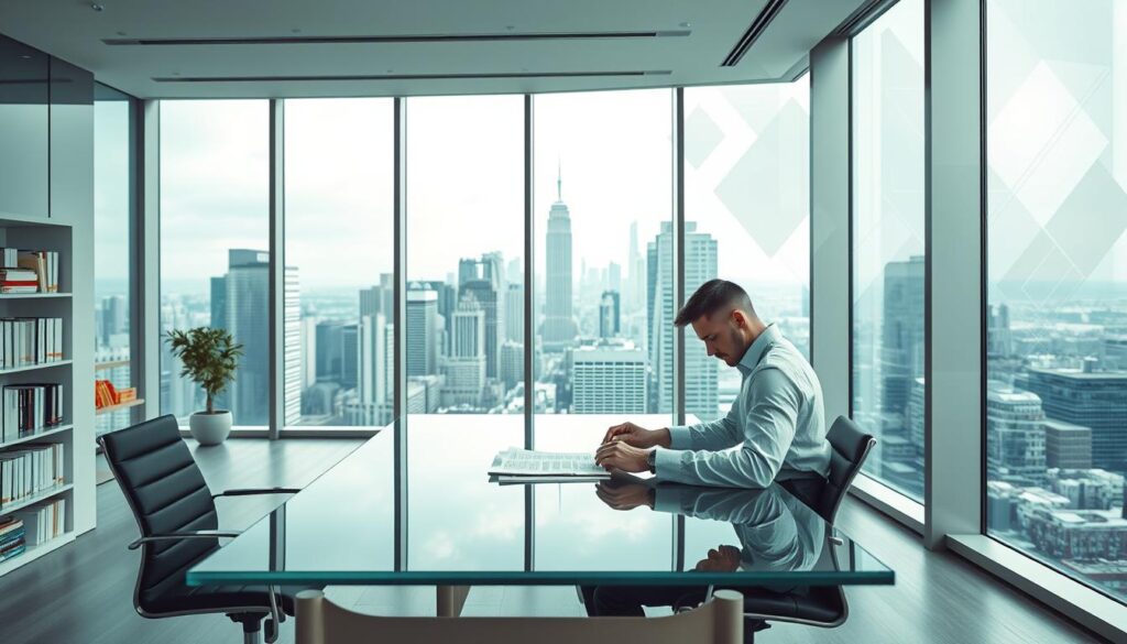 A sleek, modern office setting with floor-to-ceiling windows overlooking a bustling city skyline. In the foreground, a professional-looking executive sits at a minimalist glass desk, intently reviewing documents related to CPG insurance coverage. The lighting is soft and diffused, creating a sense of gravitas and authority. In the middle ground, shelves line the walls, filled with industry-specific books and files, hinting at the depth of expertise within the company. The background features abstract geometric shapes and patterns, subtly alluding to the complex, data-driven nature of the insurance industry. The overall atmosphere conveys a sense of security, reliability, and attention to detail - the hallmarks of a trusted CPG insurance provider.