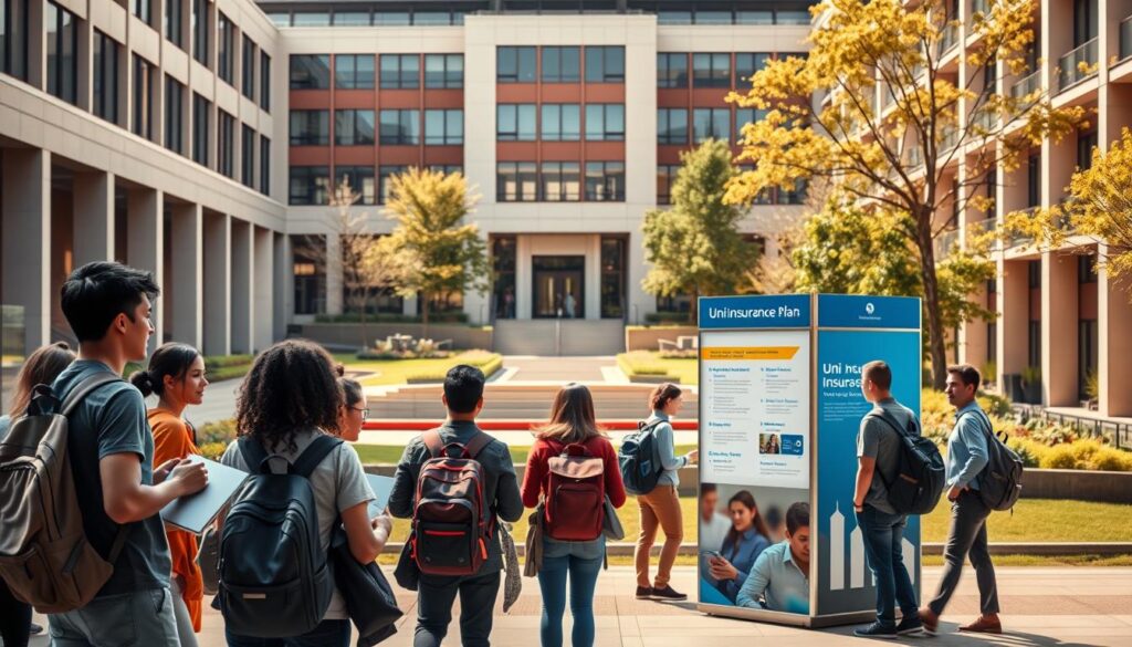 A sleek, modern university campus setting with a prominent central building. In the foreground, a group of diverse students engaged in active discussions, backpacks and laptops in hand, symbolizing academic investment. The middle ground features an information kiosk or booth, manned by a friendly, approachable staff member, highlighting the "Uni Insurance Plan" offering. The background showcases a vibrant, sun-dappled quad, with lush greenery and contemporary architecture, conveying a sense of security and protection. Warm, soft lighting illuminates the scene, creating a welcoming, professional atmosphere.